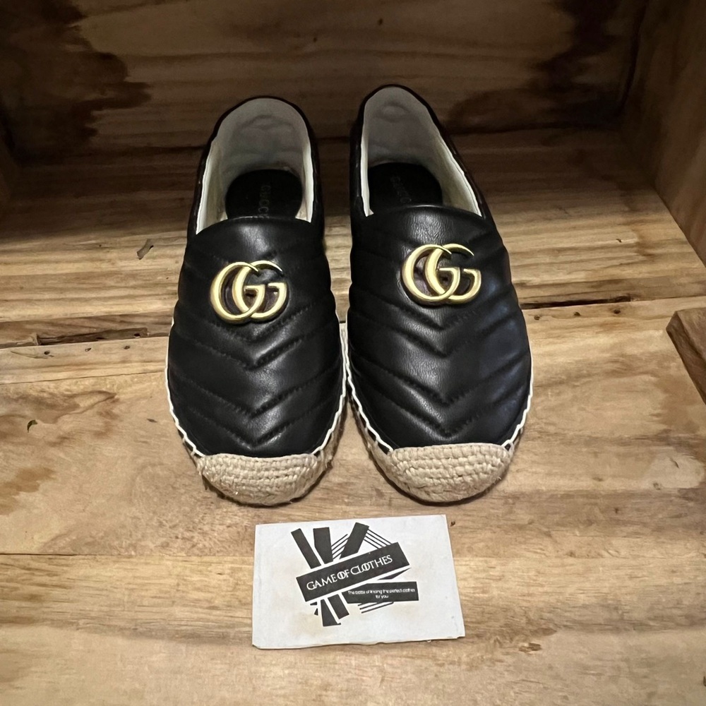 Gucci Black Leather Espadrille Slip-On Shoes with Gold GG Logo